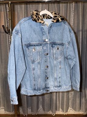 Pilcro- Light Blue Denim Jacket with Faux Leopard Collar